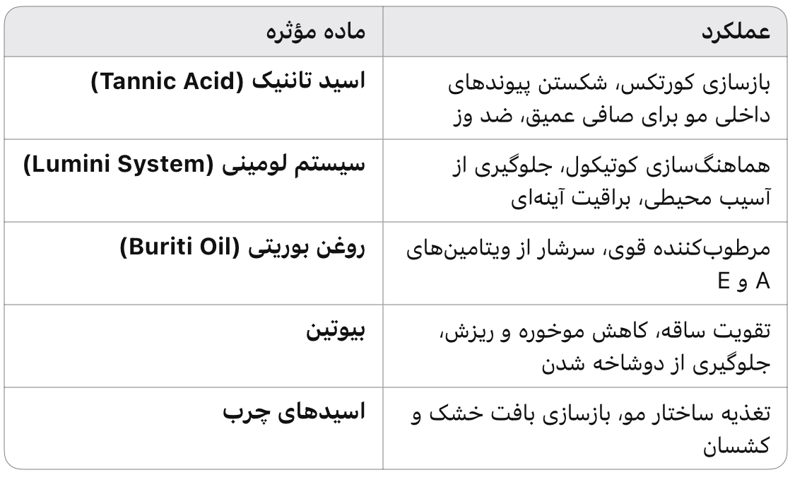 جدول ترکیبات مؤثر کراتین بوریکس وان پروهال شامل اسید تاننیک، سیستم لومینی و روغن بوریتی برای صافی و احیای مو