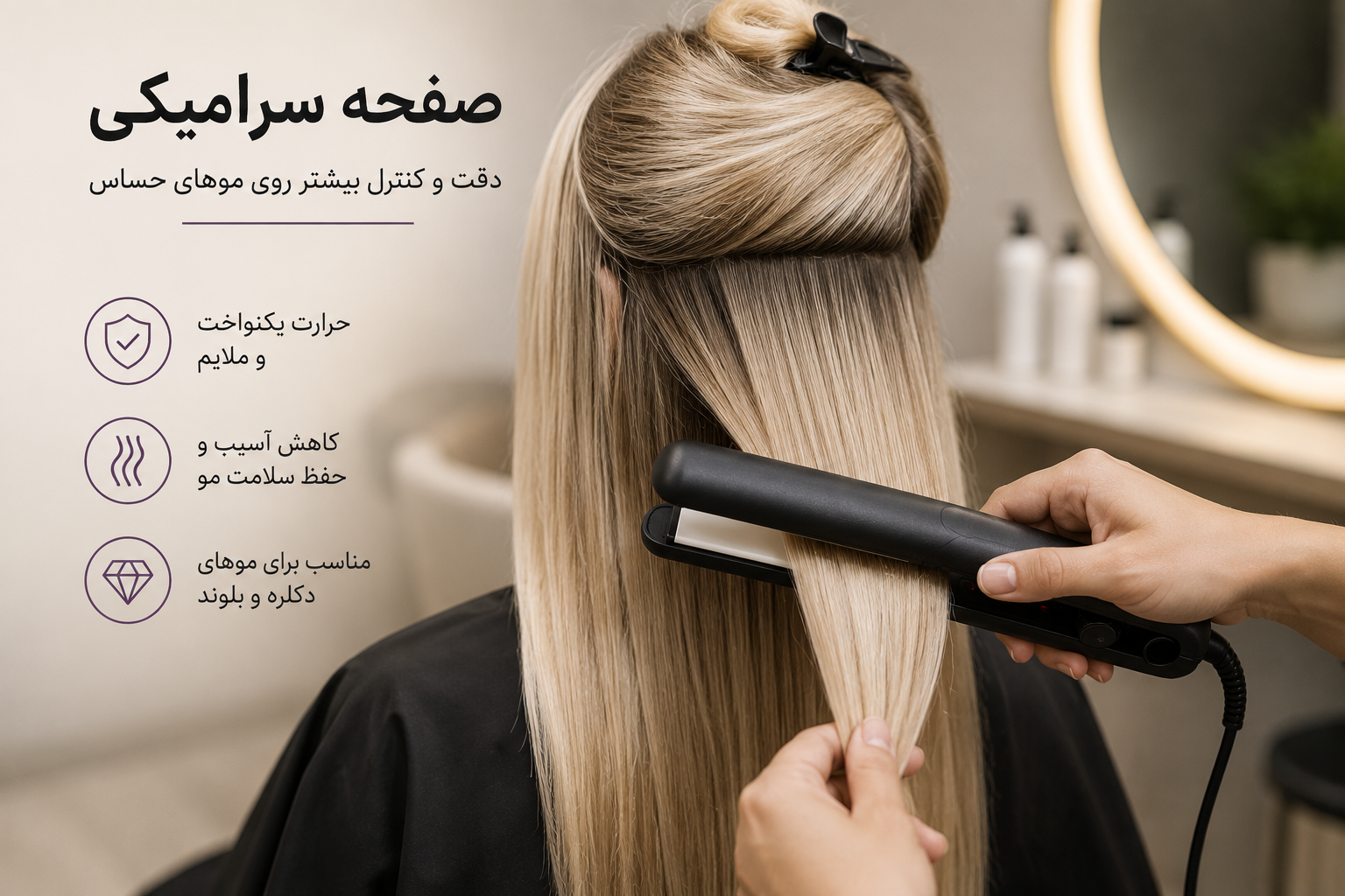 استفاده از اتو مو سرامیکی روی موهای بلوند و دکلره در کراتین مو